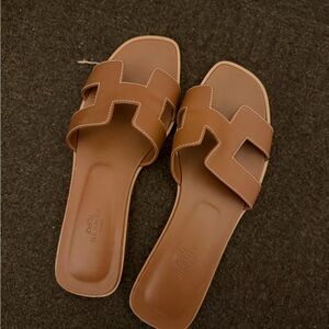 Hermes Brown Oran Leather Slide Sandals - Women's